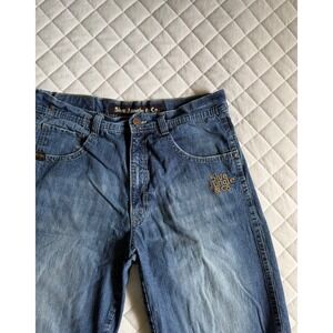 Y2K VTG 5ive Jungle & Co Denim Embroidered Baggy Wide Leg Jorts Sz 36 Streetwear